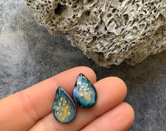 Blue and black porcelain ceramic earrings, stud earrings, small post earrings, gold luster, teardrop studs, shellieartist, one of a kind