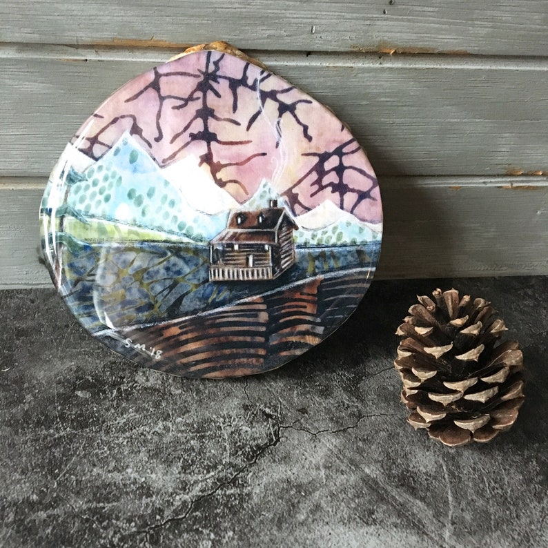 Rustic cabin decor, Housewarming gift, Cozy Cabin, shellieartist, wall decor, gift under 40, resin art Print, round wood slice image 1