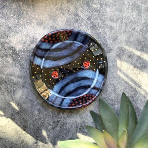 May include: A round ceramic plate with a glossy finish. The plate features a dark blue and black background with wavy blue lines and small gold dots. Two ladybug designs are visible, along with red and black polka dot patterns.