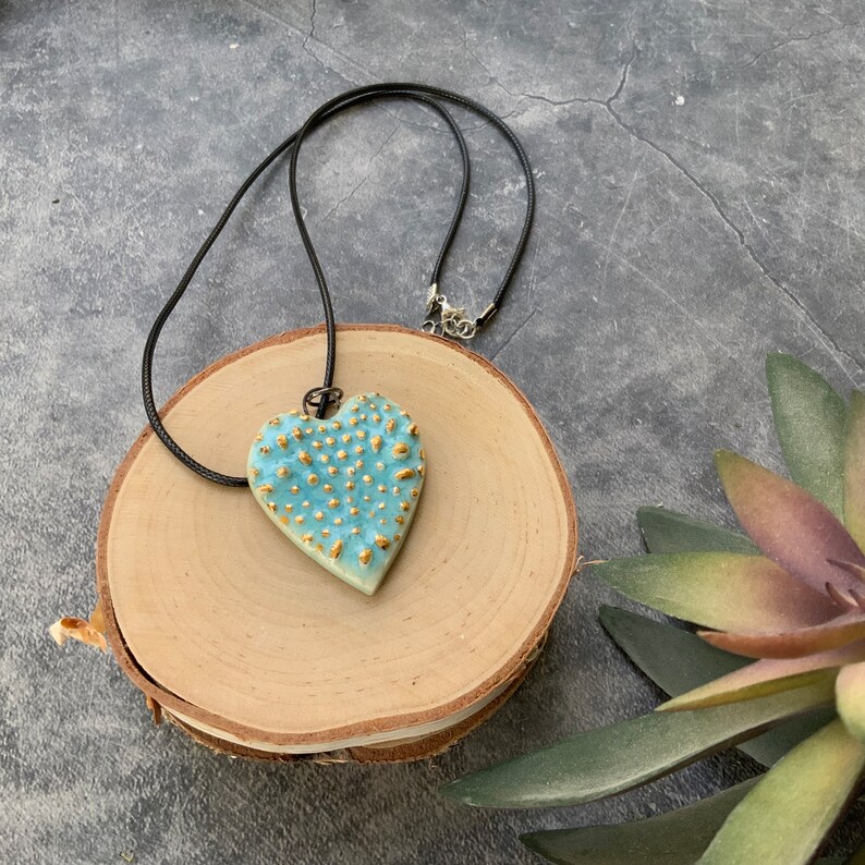 Blue heart ceramic pendant, porcelain pendant necklace, waxed black cord, ceramic jewelry, stamped clay, textured image 5