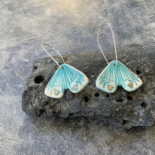 Blue and silver moth earrings, porcelain ceramic earrings, silver plated hooks, shellieartist, white gold luster, magical moths, moth eyes