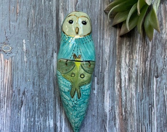 Luna owl art, ceramic wall hanging, gold luster, boho art, hand built pottery, shellieartist, white porcelain, ceramic wall art