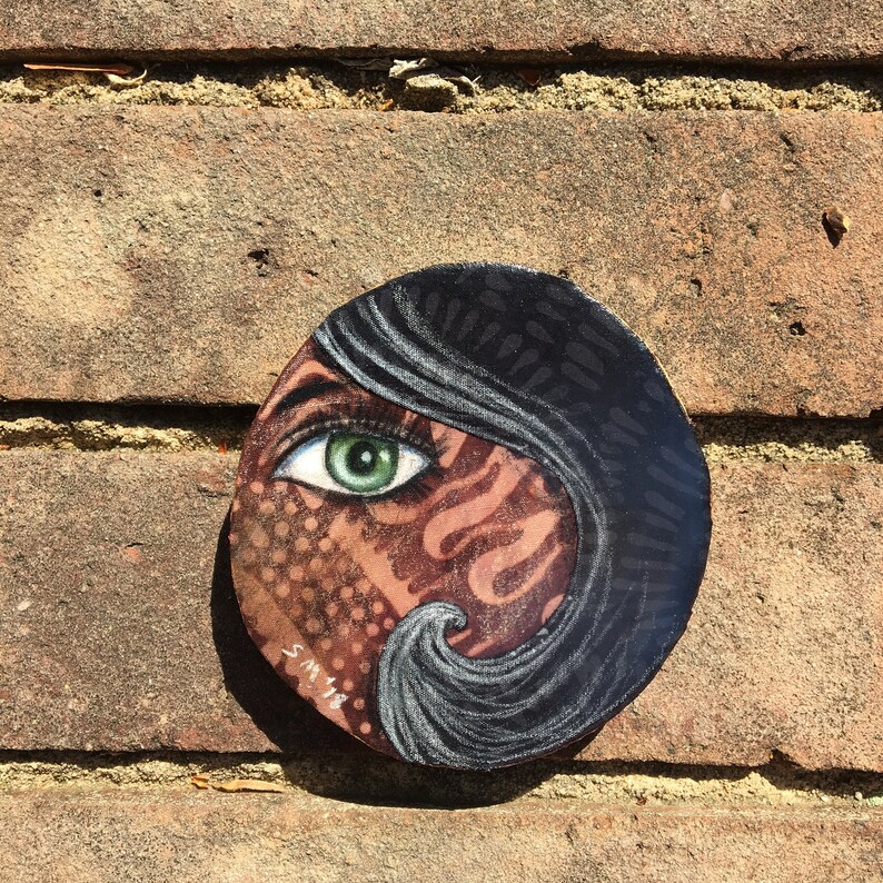 Tiny art, home decor, black hair, eye piece, green eye, gift for her, birthday gift, shellieartist, beautiful face, original art, wood slice image 7