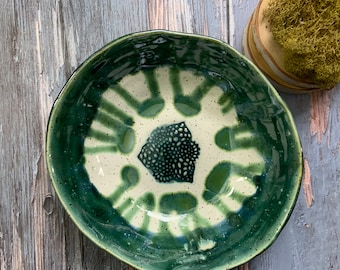 Tall green white speckled clay bowl, ceramic bowl, boho kitchenware, decorative bowl, shellieartist , hand built, stamped, rustic pottery