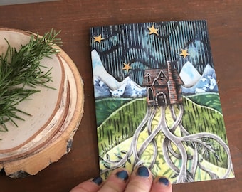 note card, We put down roots, illustrated blank card, cabin mountain house, rustic cabin, glossy finish