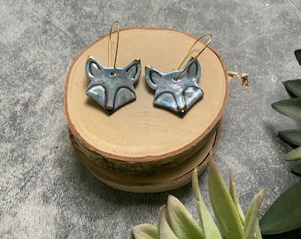Blue fox dangle earrings, porcelain ceramic earrings, gold plated hooks, shellieartist, gold luster, Forest animal, fox lover