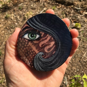 Tiny art, home decor, black hair, eye piece, green eye, gift for her, birthday gift, shellieartist, beautiful face, original art, wood slice image 8