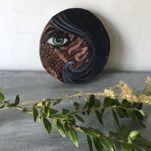 Tiny art, home decor, black hair, eye piece, green eye, gift for her, birthday gift, shellieartist, beautiful face, original art, wood slice image 5