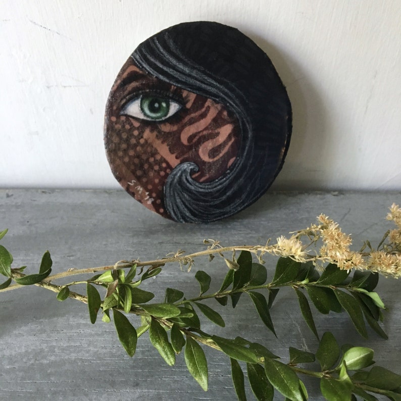 Tiny art, home decor, black hair, eye piece, green eye, gift for her, birthday gift, shellieartist, beautiful face, original art, wood slice image 5