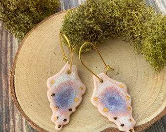 Pink and gold leaf earrings, porcelain ceramic earrings, gold plated kidney hooks, shellieartist, one of a kind earrings, hypoallergenic