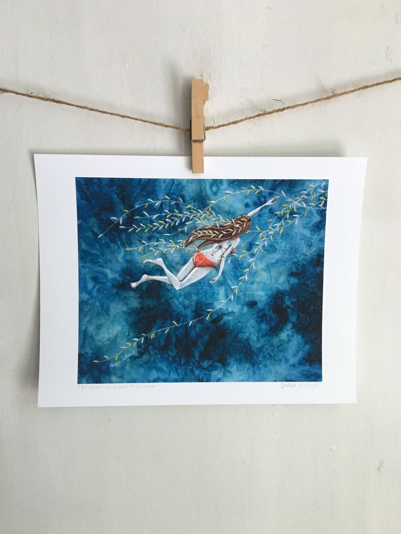 Beach decor print, gifts for her, swimmer girl, shabby chic, underwater blue, graduation gift, reproduction print, shellieartist image 4