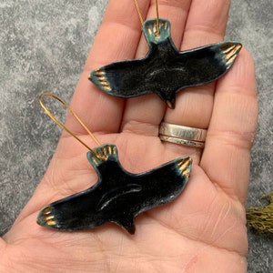 Flying black bird earrings, porcelain ceramic earrings, gold plated hooks, shellieartist, gold luster, turquoise glaze image 3