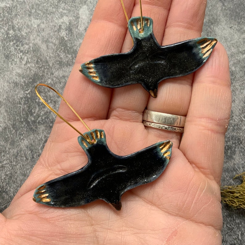 Flying black bird earrings, porcelain ceramic earrings, gold plated hooks, shellieartist, gold luster, turquoise glaze image 3