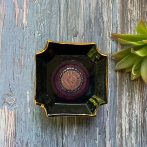 Square trinket dish, small ceramic dish, gold luster, stamped, unique home decor, shellieartist, hand built pottery, porcelain