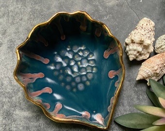 Blue coral pink seashell ceramic dish, white clay, boho kitchenware, gold luster, shellieartist, hand built, beach decor, drippy glaze