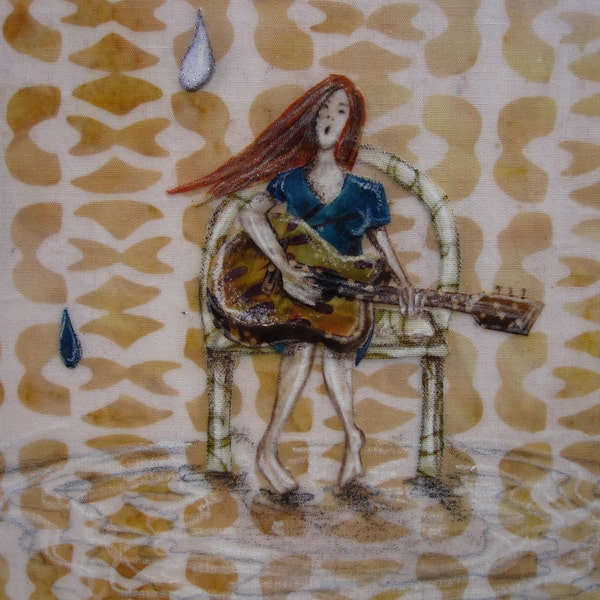 Rain Song, Guitar raining singing abstract raindrops musician, Fabric on Wood Original art, SALE