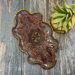 Lace ceramic dish, wonky ceramic dish, shellieartist, one of a kind, trinket dish, gold luster, kitchen decor, purple glazes