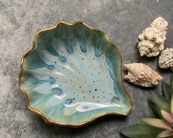 Blue aqua seashell ceramic dish, white clay, boho kitchenware, gold luster, shellieartist, hand built, beach decor, drippy glaze
