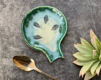 Ceramic spoon rest, blue and green, white clay, boho kitchenware, shellieartist, hand built, leaf stamp rustic pottery,