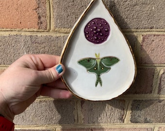 Luna moth purple moon ceramic wall art, shellieartist, gift for her, kitchen decor, gold luster, pottery collector