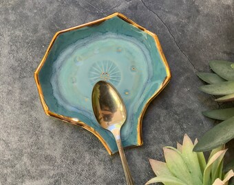 Ceramic spoon rest, aqua blues, white clay, boho kitchenware, shellieartist, hand built, stamped rustic pottery, gold luster