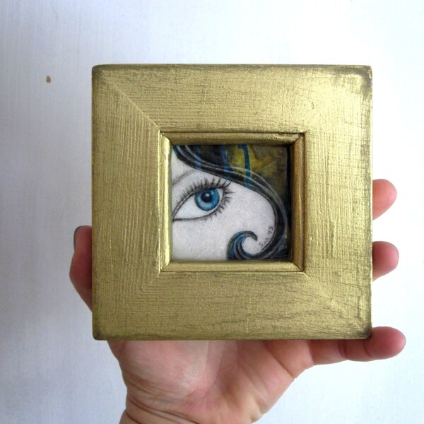 I See Through you, blue eye, rustic gold painted wood frame, Original Artwork,  Fabric on Wood
