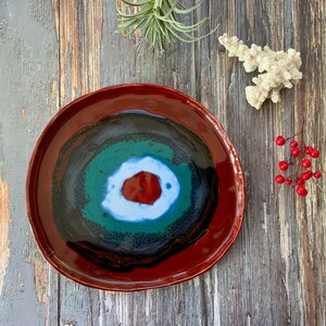 Unique glazed plate, wonky ceramic dish, shellieartist, one of a kind, porcelain, gift for her, appetizer plate, kitchen decor, pop of color