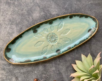 Blue and green ceramic dish, serving dish, shellieartist, gold luster, chef gift, appetizer plate, kitchen decor, ceramic collector