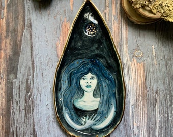 She held on to the night, ceramic wall hanging, gold luster, hand built pottery, shellieartist, white porcelain, wall art