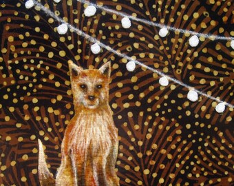 Fox Under String Lights, Original Fabric Art on Wood, Woodland Nursery Decor