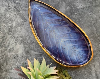 Deep purple blue and black wing trinket dish, ceramic dish, unique home decor, shellieartist, hand built pottery, gold luster