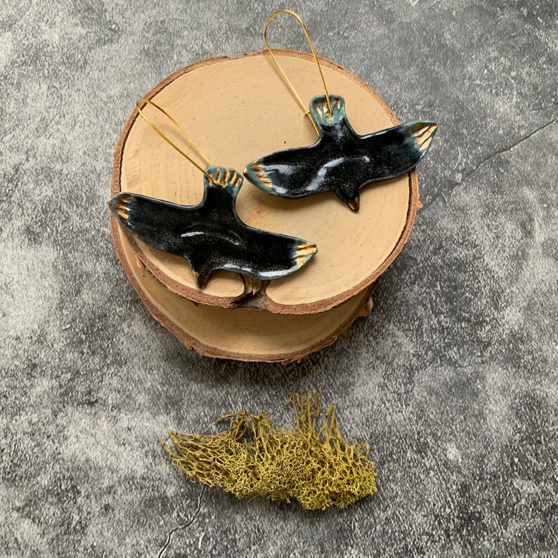 Flying black bird earrings, porcelain ceramic earrings, gold plated hooks, shellieartist, gold luster, turquoise glaze image 1