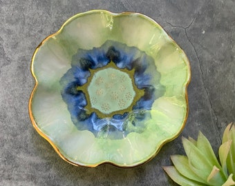 green ceramic bowl, white clay, rustic kitchenware, decorative bowl, shellieartist, hand built, gold luster, stamped, cobalt wash