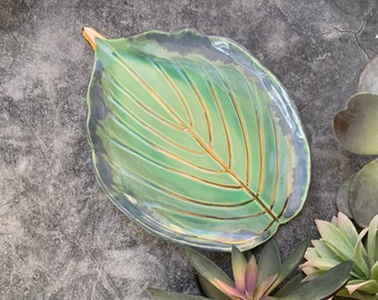 Green and blue leaf dish, ceramic dish, woodland rustic, home decor, shellieartist, housewarming gift, shallow dish, porcelain, gold luster