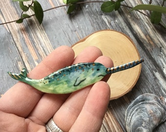 Narwhal brooch, porcelain ceramic jewelry, gold luster, shellieartist, gift for her, hand painted, ocean jewelry, Christmas gift