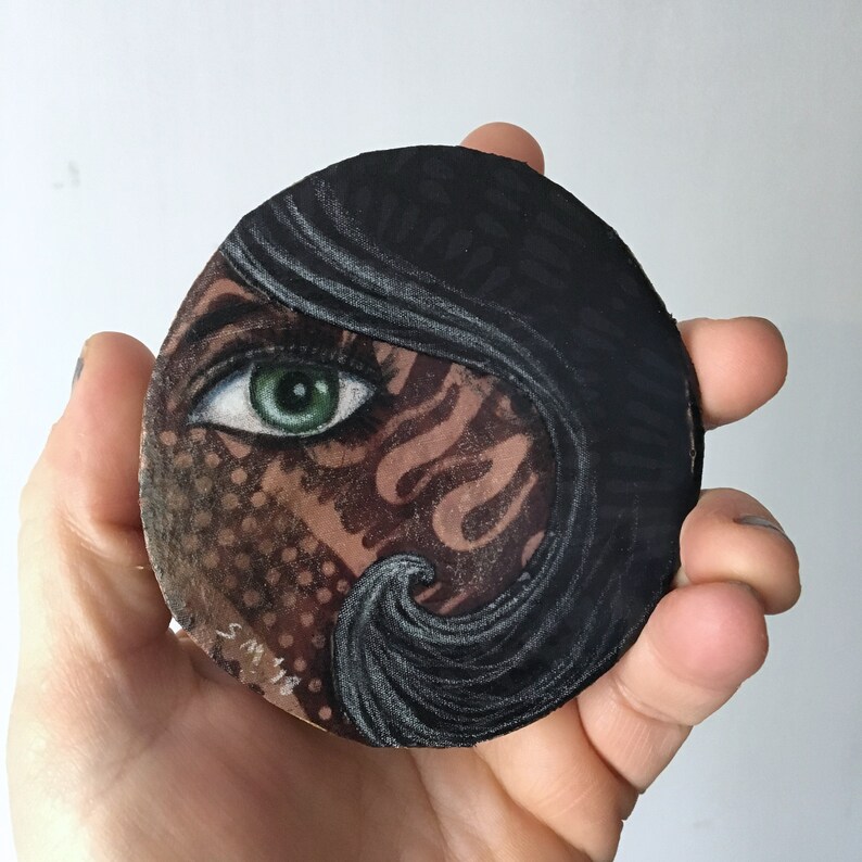 Tiny art, home decor, black hair, eye piece, green eye, gift for her, birthday gift, shellieartist, beautiful face, original art, wood slice image 6