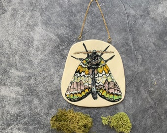 Harvey’s Prominent moth wall art, gold luster, boho art, underglaze, shellieartist, ceramic, hanging chain, nature inspired