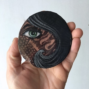 Tiny art, home decor, black hair, eye piece, green eye, gift for her, birthday gift, shellieartist, beautiful face, original art, wood slice image 2