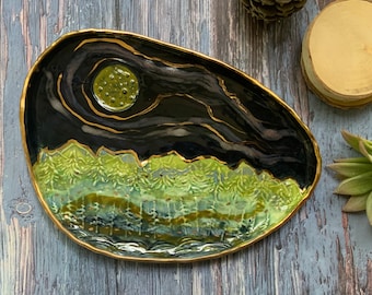 Green mountain landscape dish, ceramic plate, woodland rustic, home decor, shellieartist, housewarming gift, porcelain, gold luster