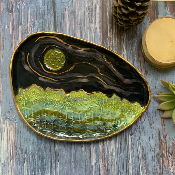 Green mountain landscape dish, ceramic plate, woodland rustic, home decor, shellieartist, housewarming gift, porcelain, gold luster