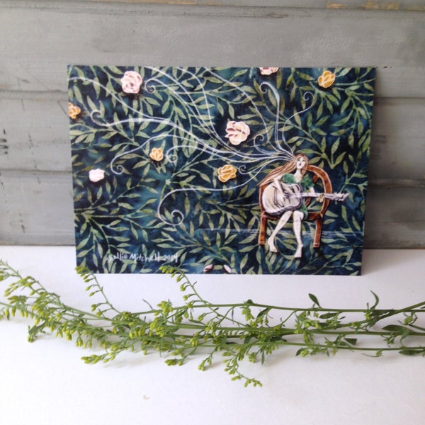 Sus canciones trajeron flores, tarjeta postal en blanco, chica con guitarra, verano, acabado brillante 5 x 7