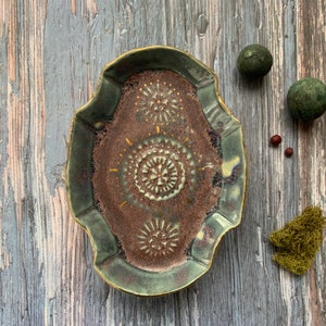 Stamped trinket dish, small ceramic dish, circle stamps, unique home decor, shellieartist, hand built pottery, porcelain, gold luster