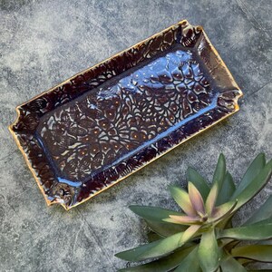 Dark purple and blue trinket dish, ceramic dish, unique home decor, shellieartist, hand built pottery, lace pattern, gold luster