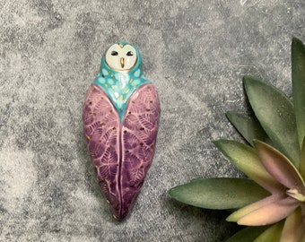 Tiny purple turquoise owl art, ceramic wall hanging, gold luster, boho art, hand built pottery, shellieartist, porcelain, nature inspired
