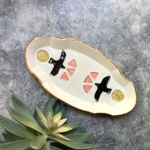 Flying blackbird stamped ceramic dish, stamped pattern, shellieartist, one of a kind, porcelain, gold luster, yellow black pink