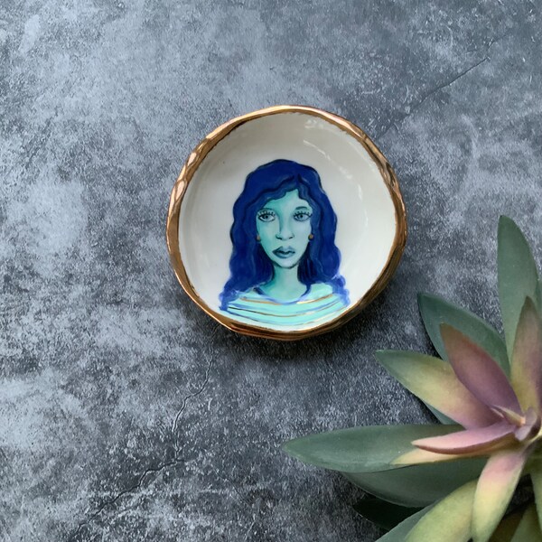 Blue girl 23, ceramic wall hanging, gold luster, boho art, small art, hand built pottery, shellie artist, white porcelain clay