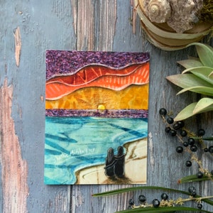 Carte coucher de soleil sur la plage, cadeau pour elle, carte vierge illustrée plate, carte de fiançailles, carte d'anniversaire, carte de mariage, saint valentin, finition brillante