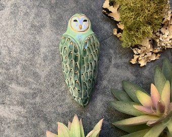 Tiny green owl art, ceramic wall hanging, gold luster, boho art, hand built pottery, shellieartist, porcelain, wall art, nature inspired