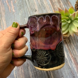 Hand built ceramic mug, 12 oz mug, boho kitchenware, handmade coffee mug, shellieartist, tea drinker, maroon and black, stamped