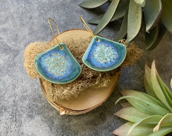 Blue and gold porcelain dangle earrings, ceramic earrings, gold plated hooks, shellieartist, gold luster, texture, blue glazes